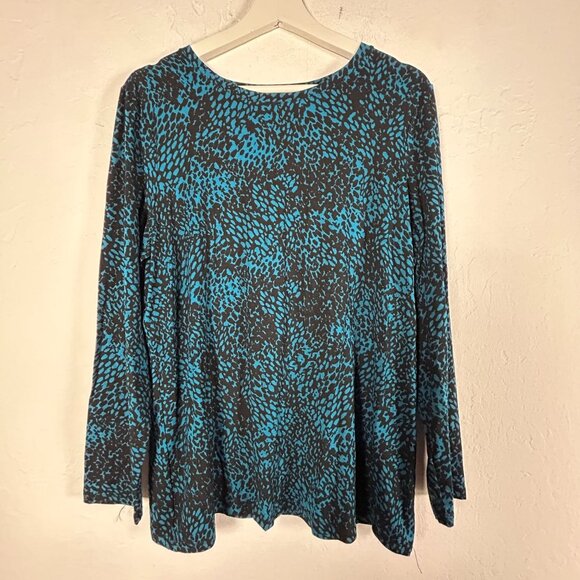 Chico's Womens Long Sleeve Tunic Top Blue Black Animal Print 2, Large Stretch - Picture 1 of 9